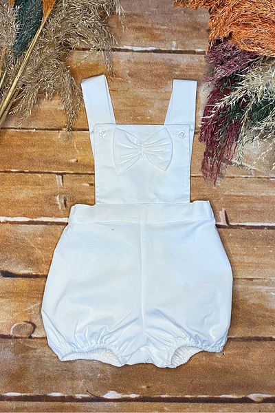 Shecco Babba White Bow Tie Shorts Jumpsuit, Baby Boy Birthday Jumpsuit, Baby Jumpsuit Models