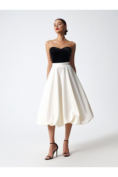 NALINCI White Satin Midi - Off-White Balloon Skirt Balloon Skirt
