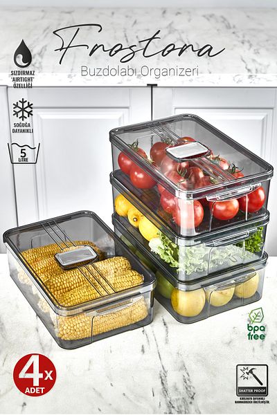 Eva Mia 5 LT Smoked Frostora Refrigerator - 4x Organizer with Handle and Storage Container