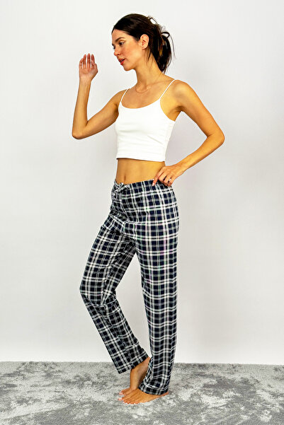 Betimoda Pantaloni de sport de damă, din bumbac, în carouri, cu modele de pijama, Pătrat alb-negru cu panglică