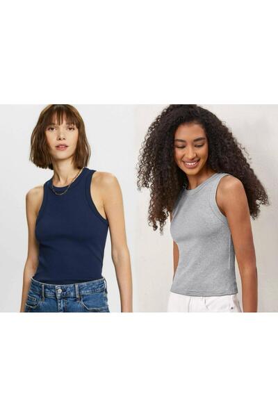 Actiwear Γυναικείο πλεκτό μονό μπλουζάκι με ριμπ λαιμόκοψη - Πακέτο 2