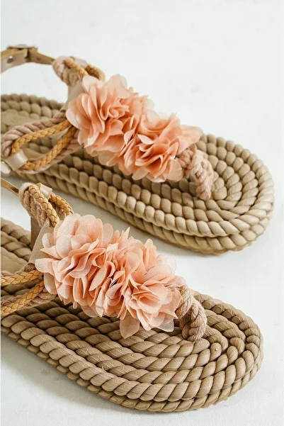 OLA Wicker Flip Flops Floral Women's Rope String Sandals - Beige