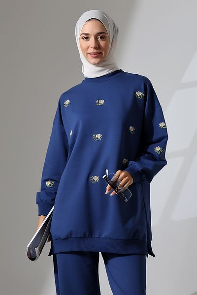 Mihran Butik Women's Navy Blue Seasonal Combed Cotton Bottom Top Sports and Comfortable Hijab Suit