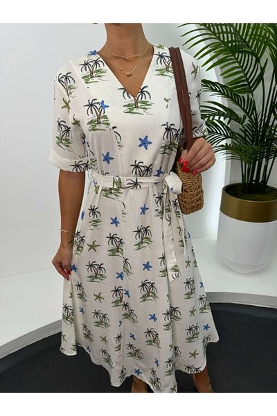 Elif Özbey Butik Φόρεμα από λινό - μοτίβο φοίνικα και ζωσμένο