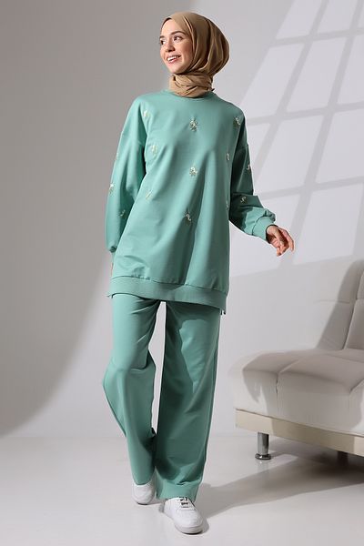 Mihran Butik Mint Green Γυναικείο αθλητικό και άνετο κοστούμι Hijab - Εποχιακό χτενισμένο βαμβακερό πάτο και επάνω σετ