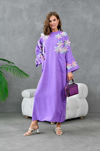 Miss Allos Stone Detailed Tulle Floral Patterned Linen Women's Dress