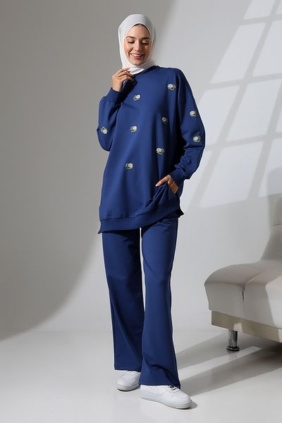 Mihran Butik Women's Navy Blue Seasonal Combed Cotton Bottom Top Sports and Comfortable Hijab Suit