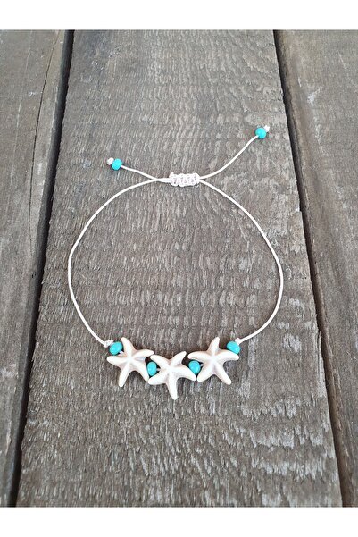 özde dekor 4-Piece Gorgeous Jewelry Set - Sea Shell, Star and Mint Beads (NECKLACE, BRACELET, ANKLE, EARRING)