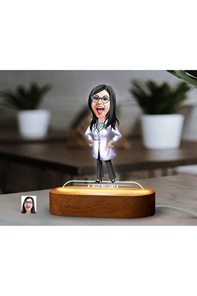 Bk Gift Kişiye Özel Kadın Doktor Karikatürlü Dekoratif 3D Biblo LED Işıklı Ge...
