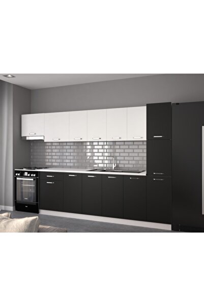 visasconcept 320 Cm Burak Hazır Mutfak Dolabı Beyaz Ve Mat Siyah(TEZGAH DAHİL)