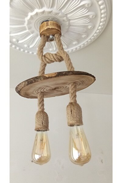 ÖZRA AHŞAP Dekoratif 2 Li Retro Kütük Otantik Halat Avize