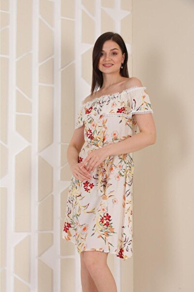 asur boutique Γυναικείο φόρεμα με φλοράλ στάμπα με λεπτομέρεια σε κρεμ χρώμα