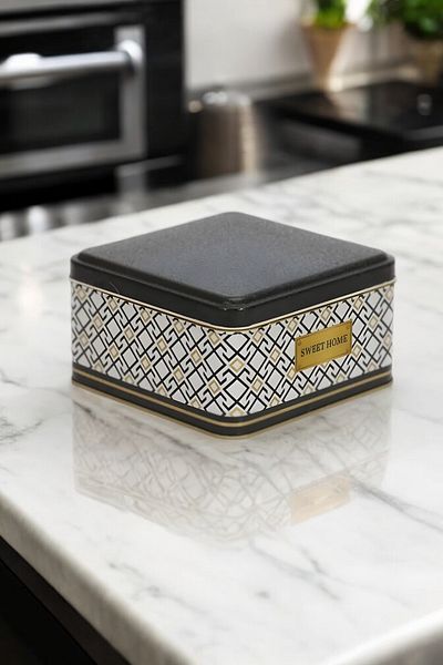 EVLE Ef026-x7 Turkish White Black Patterned Square Metal Storage Container 16x16 Cm