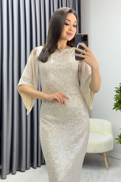 zks grup tekstil Rochie de seara din sifon midi marime mare - Detaliu cu paiete, jumatate de maneca, bej pudrat
