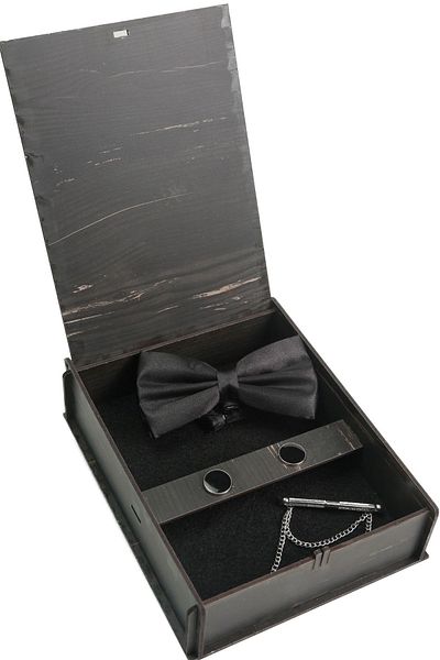 BAYEFENDİ مجموعة هدايا خشبية سوداء من Bowtie1003 - أزرار أكمام ودبوس رقبة مستديرة