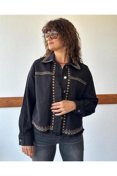 ByEnBi İşlemeli Pamuk Siyah Ceket