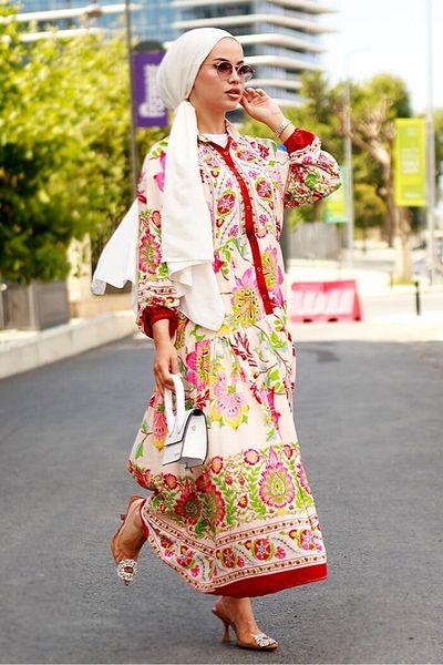 Bestenur Valery Flower Pattern Hijab Dress 561 - Claret Red