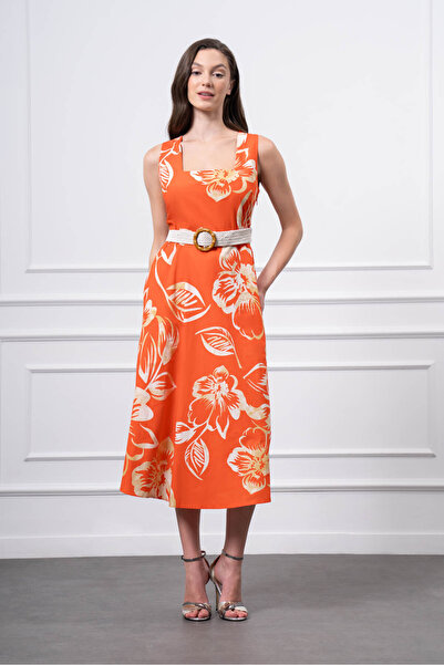 UTOPIAN Kare Yaka Kemerli Elbise