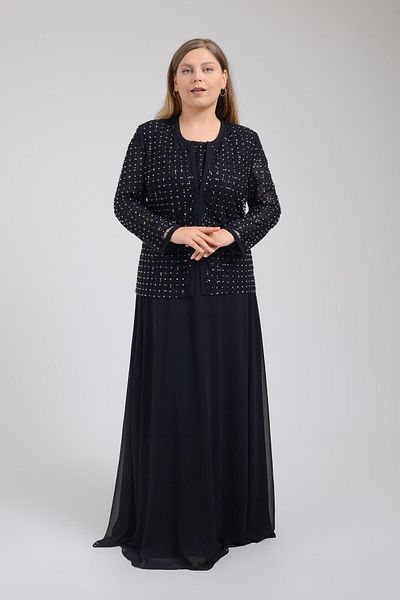 SpringStore بدلة فستان مطرزة بالحجر الأسود مقاس كبير