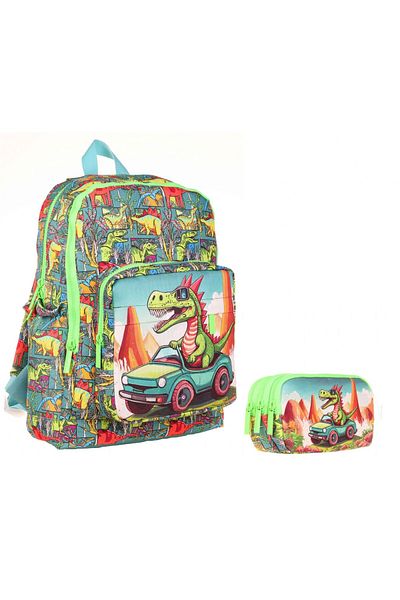 KAUKKO Set de rucsac de școală cu dinozaur drăguț și suport pentru creion pentru băiat