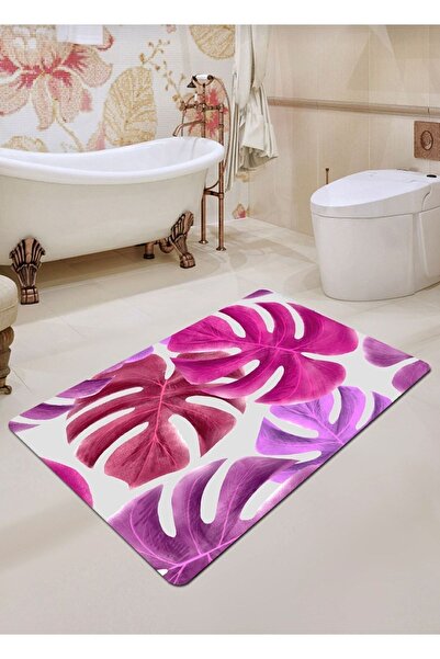 Ardizayn سجادة حمام من القطن المنسوج بنمط أوراق الشجر باللون الوردي - أرجواني...