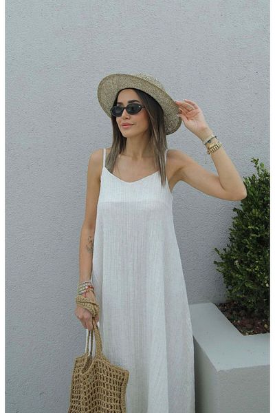 Bak'ap Μακρύ φόρεμα Bohemian Style Seersucker Fabric - Με λουράκι και επένδυση