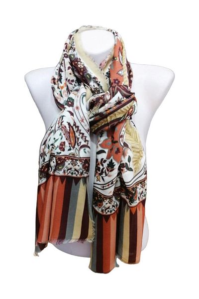 ByEnBi Indian Patterned Shawl Black Beige Green 100% Viscon 70x190 Cm