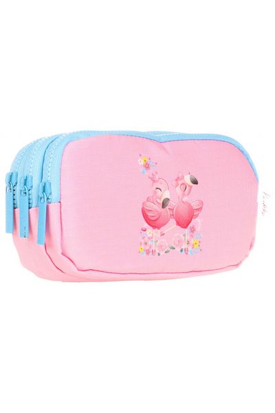 KAUKKO Pink Flamingo Patterned Girl's Pencil Bag - Three Compartments