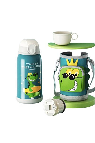 Petityu Dinazor Pipetli Çantalı 550 ml Buyuk Termos Matara Suluk