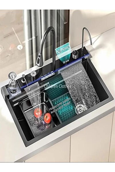 ALMAYA TOOLS Dijital Ekranlı Şelale Evyesi, 304 Paslanmaz 75*45 Evye, Bardak ...