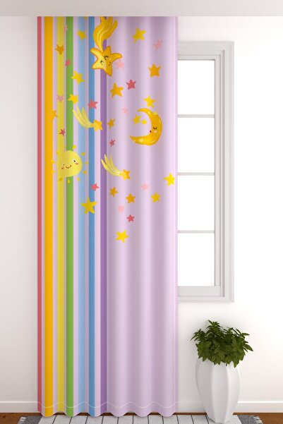 ZÜPER TEKSTİL Fon Perde Renkli Çizgiler Sevimli Güneş Ay Yıldızlar Çocuk Odas...