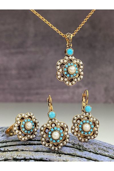 tasarımhikayecisi Mardin's Pearl and Turquoise Stone Floral Blue Set Special for Mom