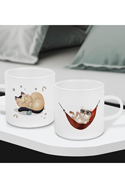 Bk Gift Eğlenceli Kedi Tasarımlı 2’li Buzlu Cam Türk Kahvesi Fincanı-4, Sevgi...