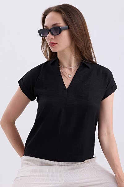 MD trend V-Neck Short Sleeve Linen Women's Shirt - Double Sleeve Basic Model