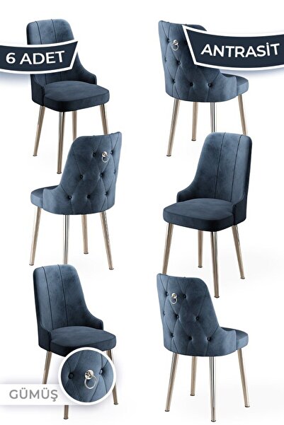 Canisa Newa Serisi 6 Adet Antrasit Sandalye 1.sınıf Babyface Kumaş Gümüş Kaplama Metal Ayaklı