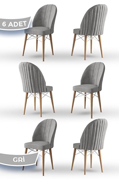 Canisa Jena Serisi 6 Adet Gri Yemek Odası Sandalyesi Babyface Kumaş Doğal Ahş...