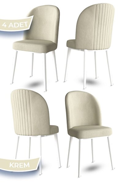 Canisa Aste Serisi 4 Adet Krem Mutfak Sandalyesi Metal Beyaz Iskeletli 1. Sın...