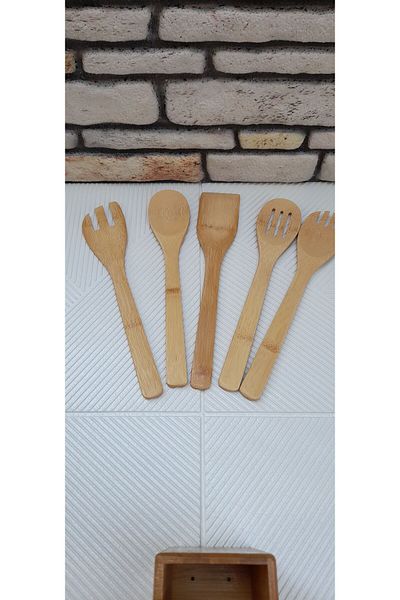 umut züccaciye 6 Piece Bamboo Cleaning Set - Easy Wooden Spoon and Spatula with Bamboo Stand