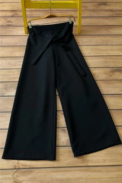 Kirazgym Schwarze Damenhose aus Crêpe mit weitem Bein und elastischer Taille