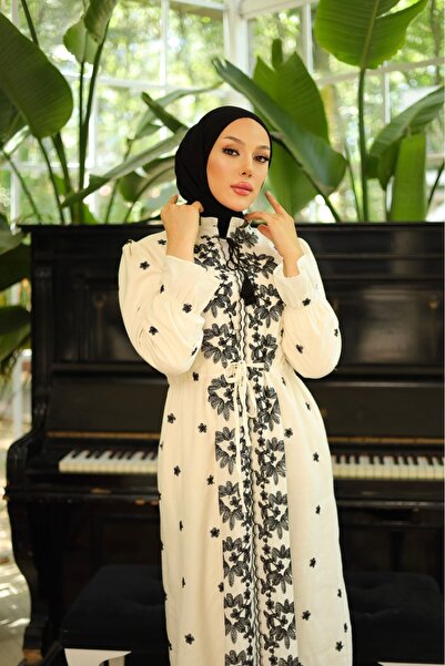 PİNK FLY Summer Patterned Embroidered Judge Collar Lace up Hijab Linen Dress