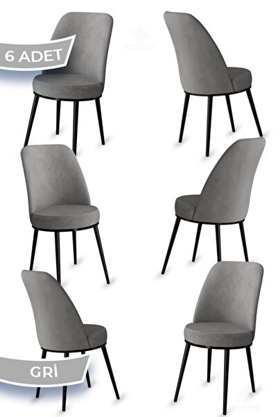 Canisa Jaxe Serisi 6 Adet Gri Mutfak Sandalyesi Metal Siyah Iskeletli 1. Sını...