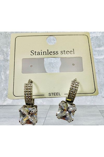 Toka Delisi Colorfast Dangle Silver Gray Stone Dangle Steel Earrings