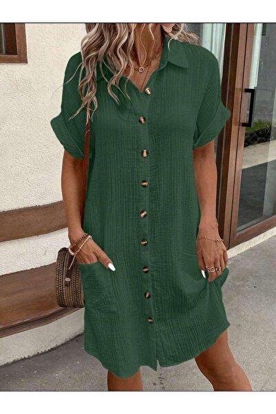 Viyamo Women's Wrinkled Fabric Shirt Dress - Short Sleeve and Pocket Detail