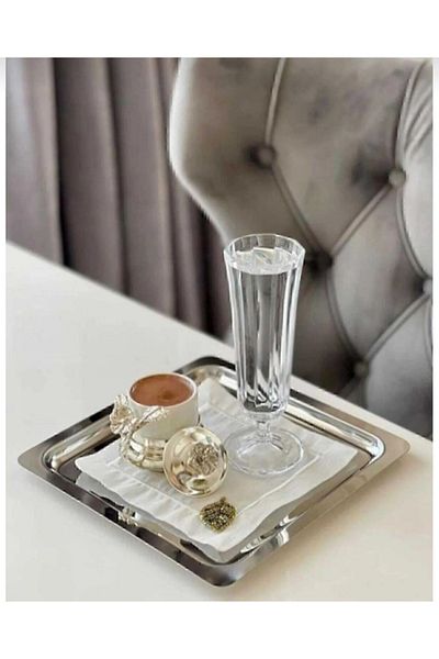 stilsenin34 Abant Brand Set of 2 Luxury Square Stainless Steel Silver Color 21X21Cm Coffee Serving Presentation Tray