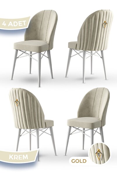 Canisa Ritim Serisi, 1.sınıf Babyface Kumaş 4 Adet Krem Sandalye, Beyaz Gürgen Ayak Gold Halkalı