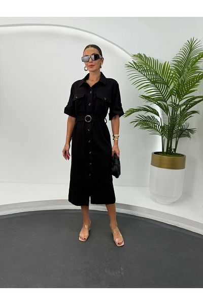 Elif Özbey Butik Φόρεμα Gabardine - Μαύρο, με κουμπιά και ζώνη στον λαιμό