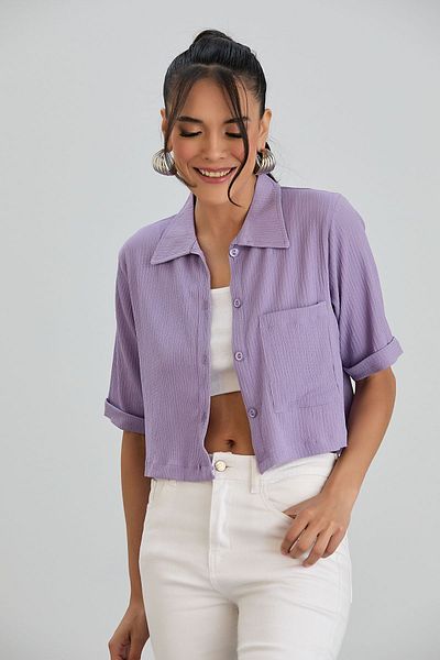 Space Fashion Cămașă de damă Lilac Crop - țesătură înfășurată, buzunar cu nasturi