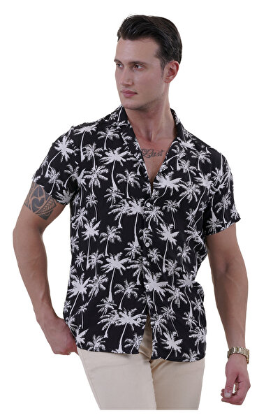 Exve Exclusive Ежедневна риза с къс ръкав, свободна кройка и дигитален принт с черна на бял фон и хавайски палми