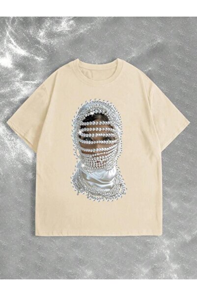 NoVibe Unisex γυναικείο κοντομάνικο μπλουζάκι με στάμπα με πέρλες - 100% βαμβάκι