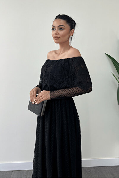 giyimmasalı Elastic Waist Lace Dress - Black